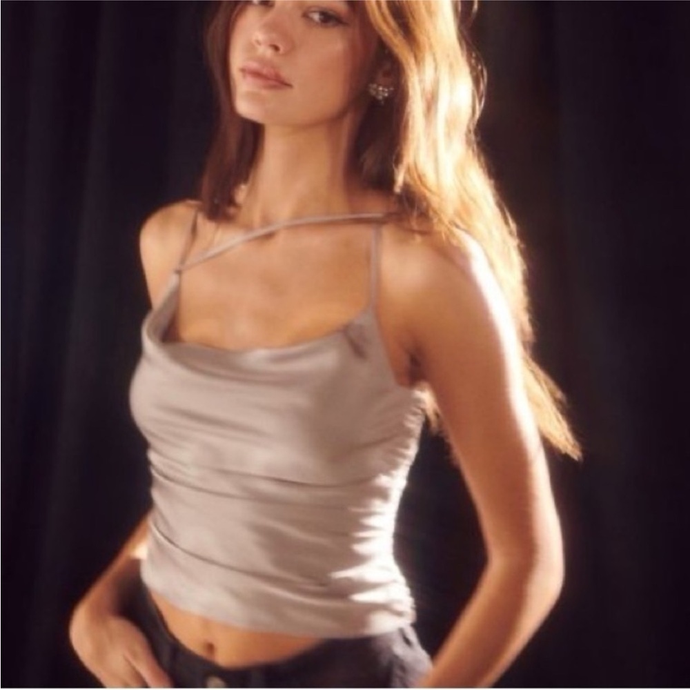 Elegant Satin Gray Cowl Neck Top